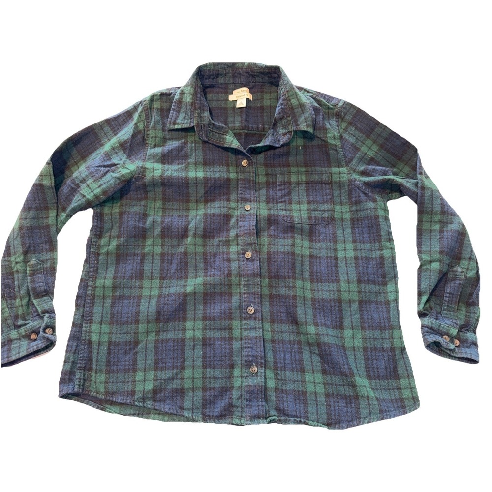 LL Bean Flannel Shirt Womens Large Green Blue Plaid Slightly Fitted Button Up